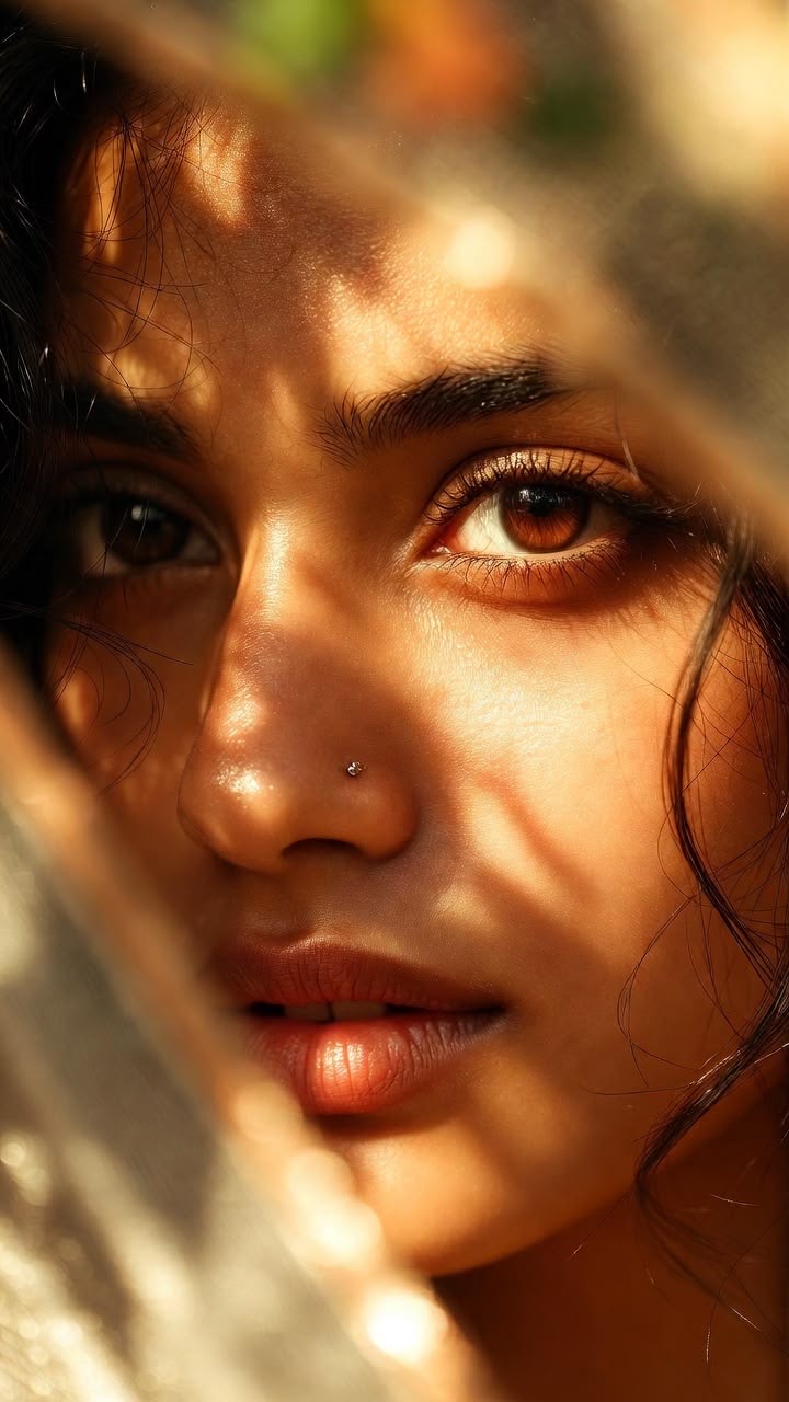 Close-up portrait — sunlit eyes through fabric